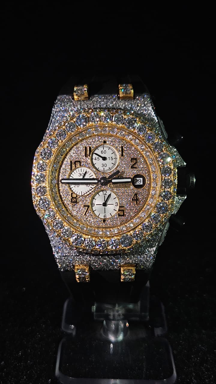 Audemars Piguet chronograph Black rubber strap Full Iced Out Yellow Gold & White Numerical Dial Automatic