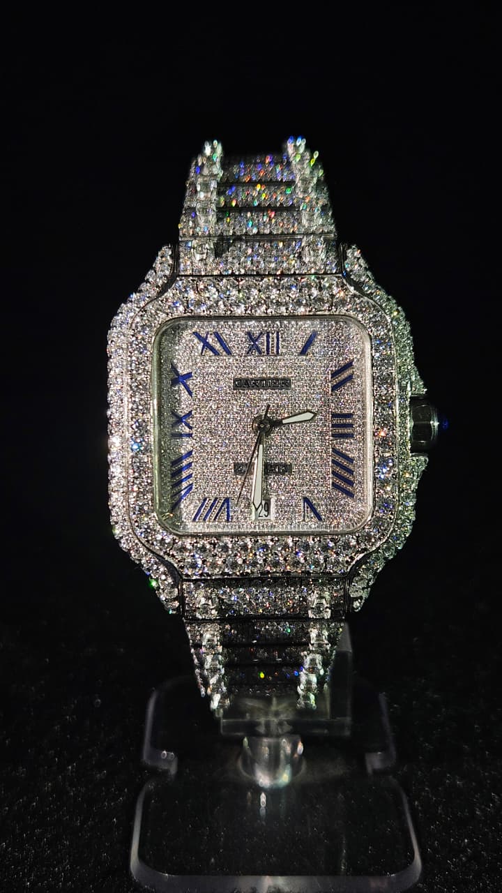 Cartier Full Iced Out White Roman Blue Dial Automatic