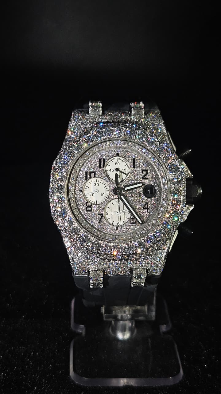 Audemars Piguet chronograph Grey rubber strap Full Iced Out White Numerical Dial Automatic