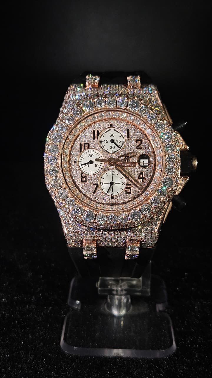 Audemars Piguet chronograph Black rubber strap Full Iced Out Rose Gold Numerical Dial Automatic