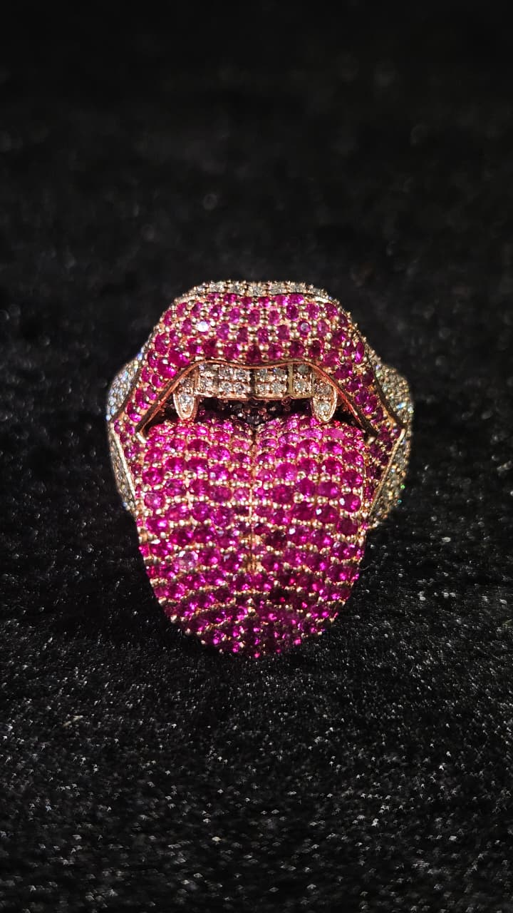 Men’s Band Ring with Diamond Cluster, Hip Hop, Iced Out Lick Of Death Ring,Statement Ring for Men