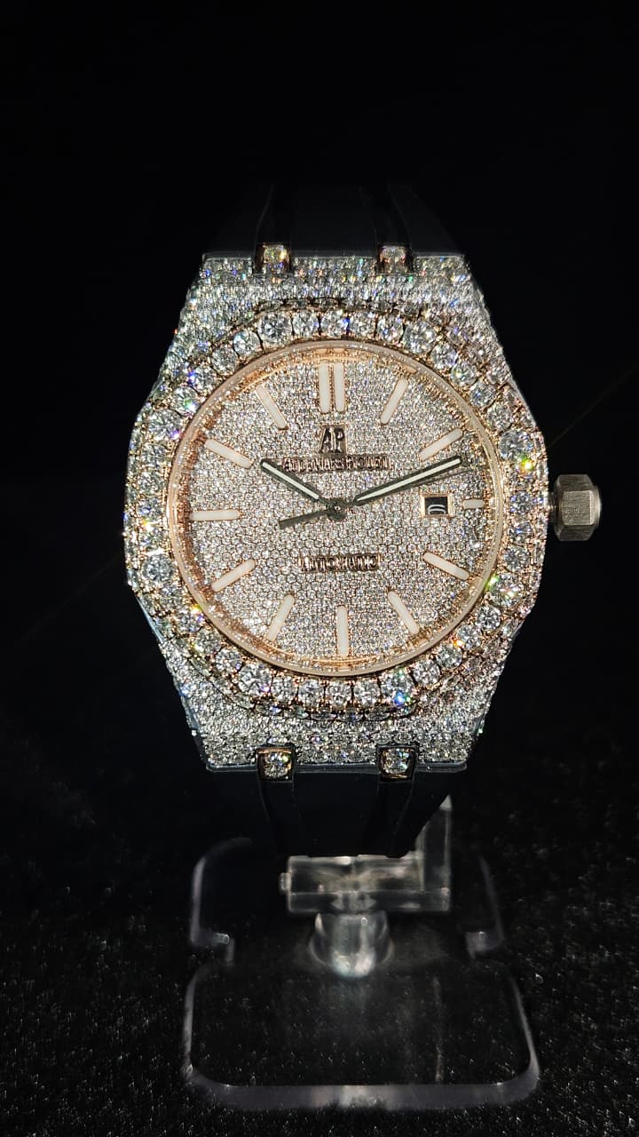 Audemars Piguet chronograph Black rubber strap Full Iced Out Rose Gold & White Buguette Dial Automatic