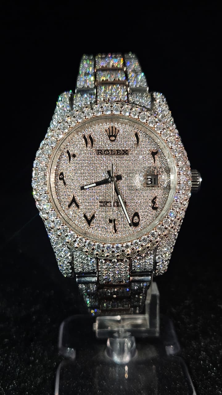 Rolex Datejust Full Iced Out Rose Gold & White Arabic Dial Oyster Chain Automatic