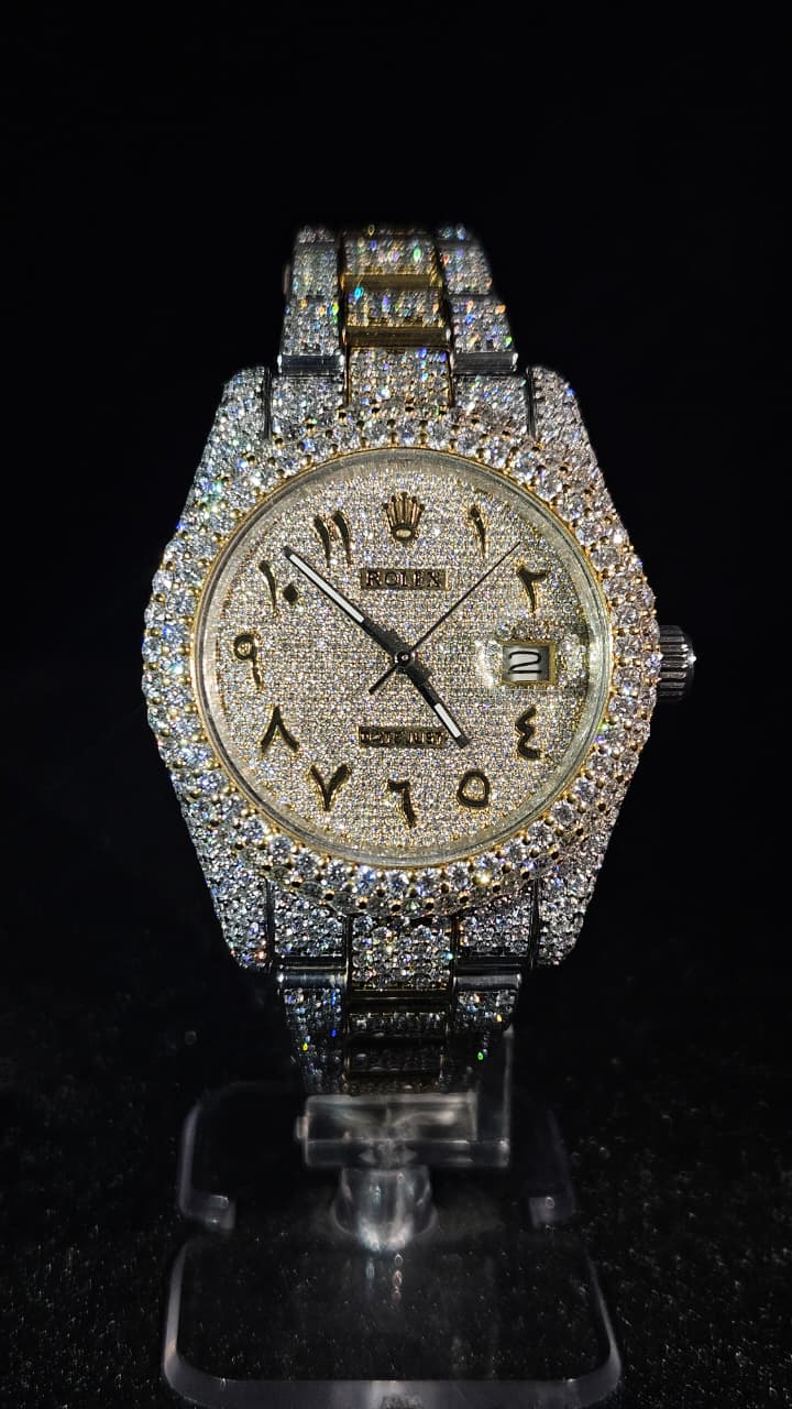 Rolex Datejust Full Iced Out Yellow Gold & White Arabic Dial Oyster Chain Automatic