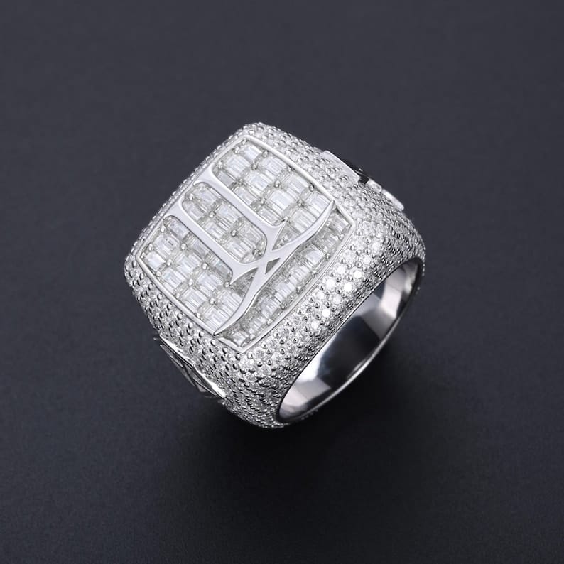 Men’s Band Ring with Diamond, Statement Ring, Hip-Hop Ring, Floating Logo Baguette Set Custom Ring