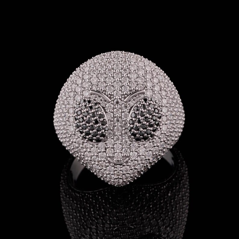 Men’s Band Ring with Diamond, Iced Out Alien Head Ring, Hip-Hop Style Ring