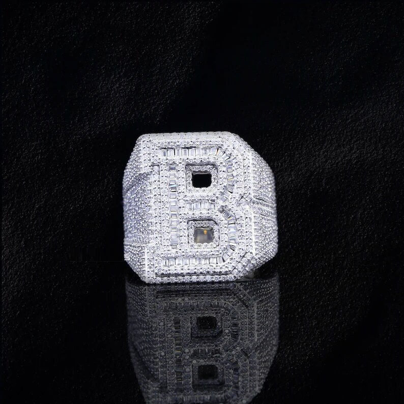 Men’s Iced Out Initial "B" Hip-Hop Ring, Statement Ring