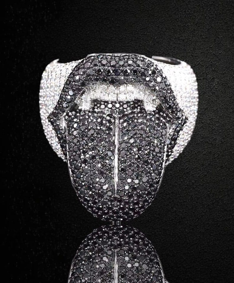 Men’s Band Ring with Diamond Cluster, Hip Hop, Iced Out Lick Of Death Ring,Statement Ring for Men