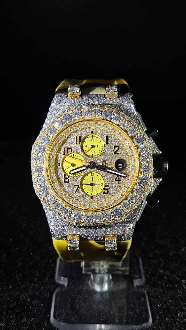 Audemars Piguet chronograph Yellow rubber strap Full Iced Out Yellow Gold & White Numerical Dial Automatic