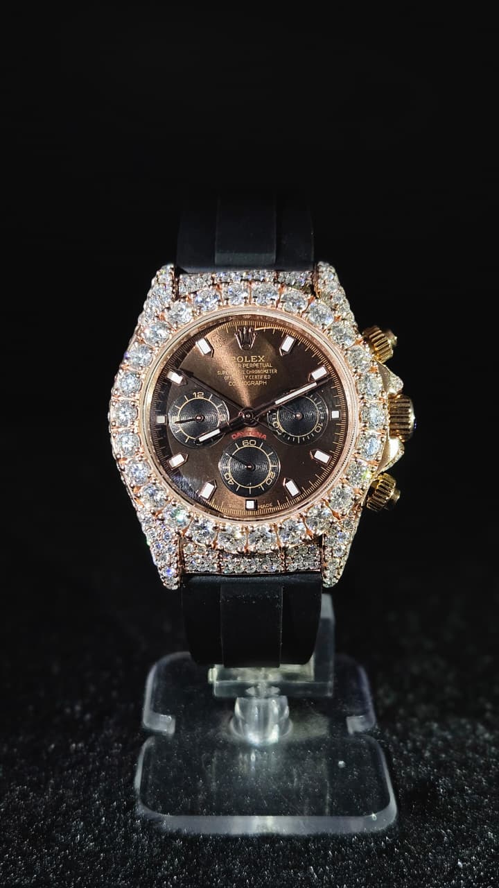 Rolex Daytona Full Iced Out Cosmograph Black Rubber Band Rose Gold Brown Dial Automatic