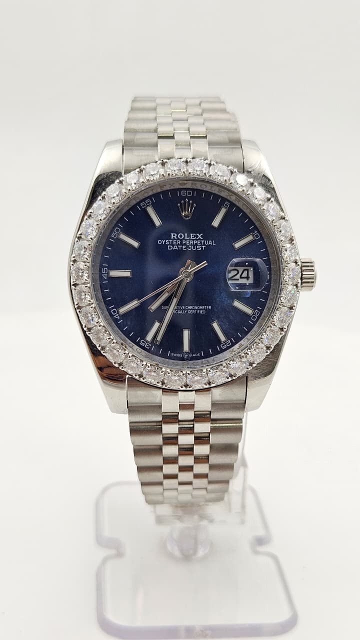Rolex Datejust Iced Bezel Silver Blue Dial Jubilee Chain Automatic