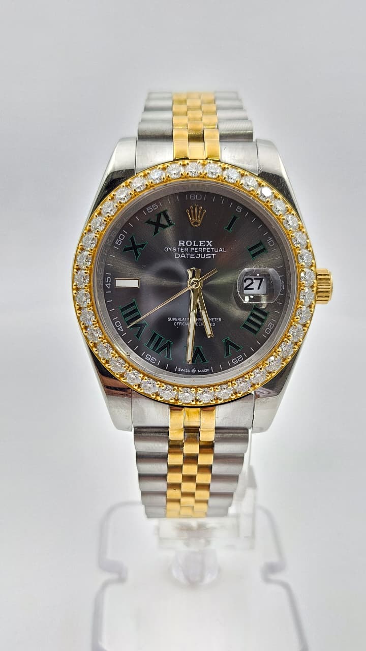 Rolex Datejust Iced Bezel Silver & Yellow Gold Grey Dial Jubilee Chain Automatic