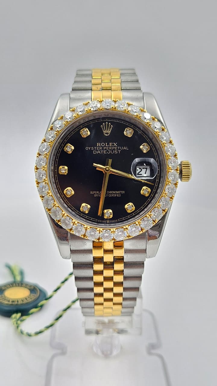Rolex Datejust Iced Bezel Silver & Yellow Gold Black Dial Jubilee Chain Automatic