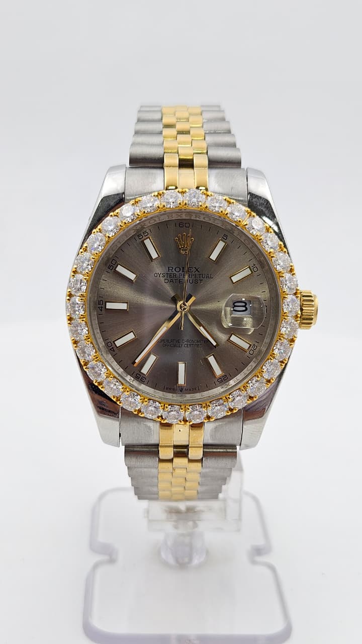 Rolex Datejust Iced Bezel Silver & Yellow Gold Grey Dial Jubilee Chain Automatic