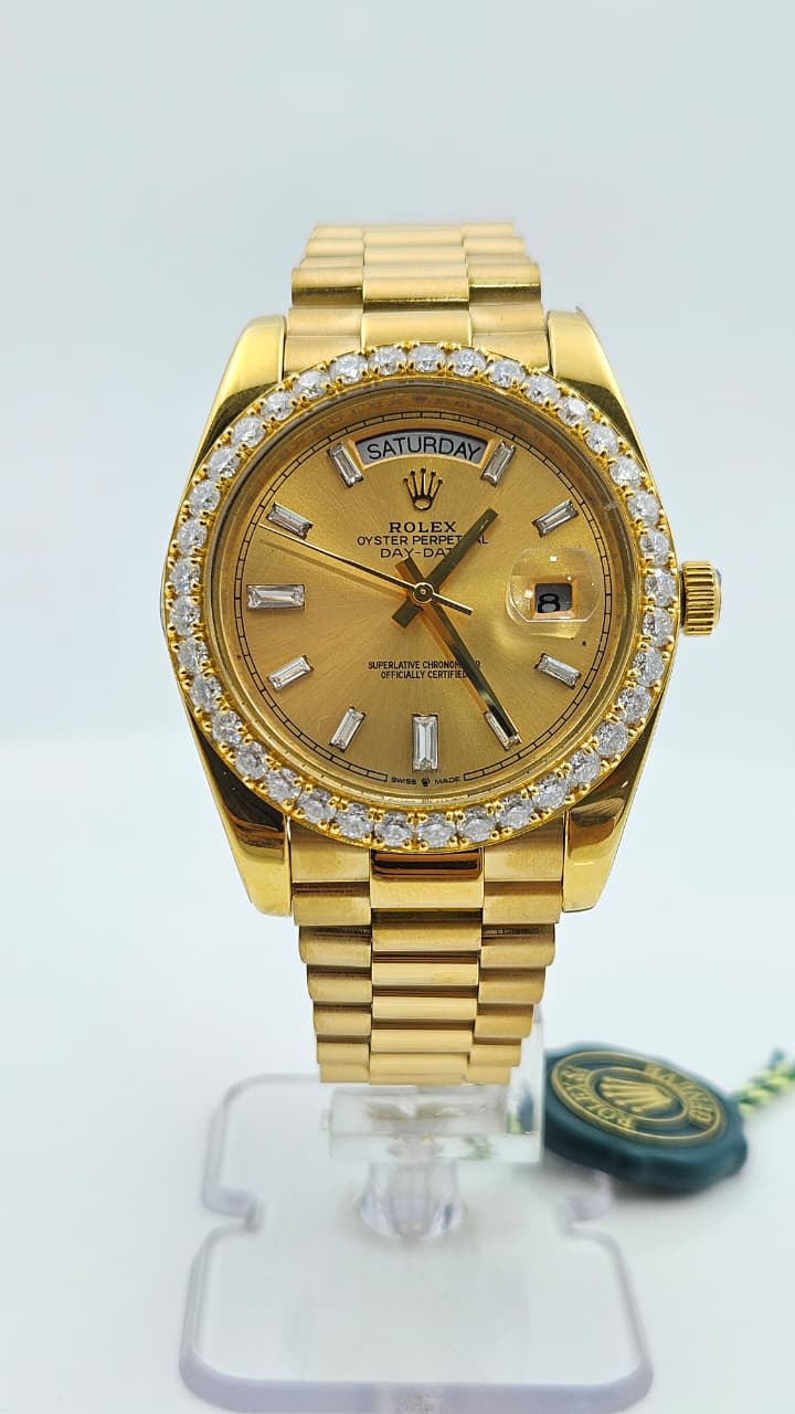 Rolex Day-Date Iced Bezel Yellow Gold Yellow Dial President Chain Automatic