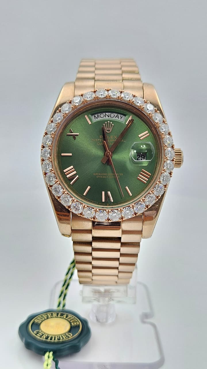 Rolex Datejust Iced Bezel Rose Gold Green Dial President Chain Automatic