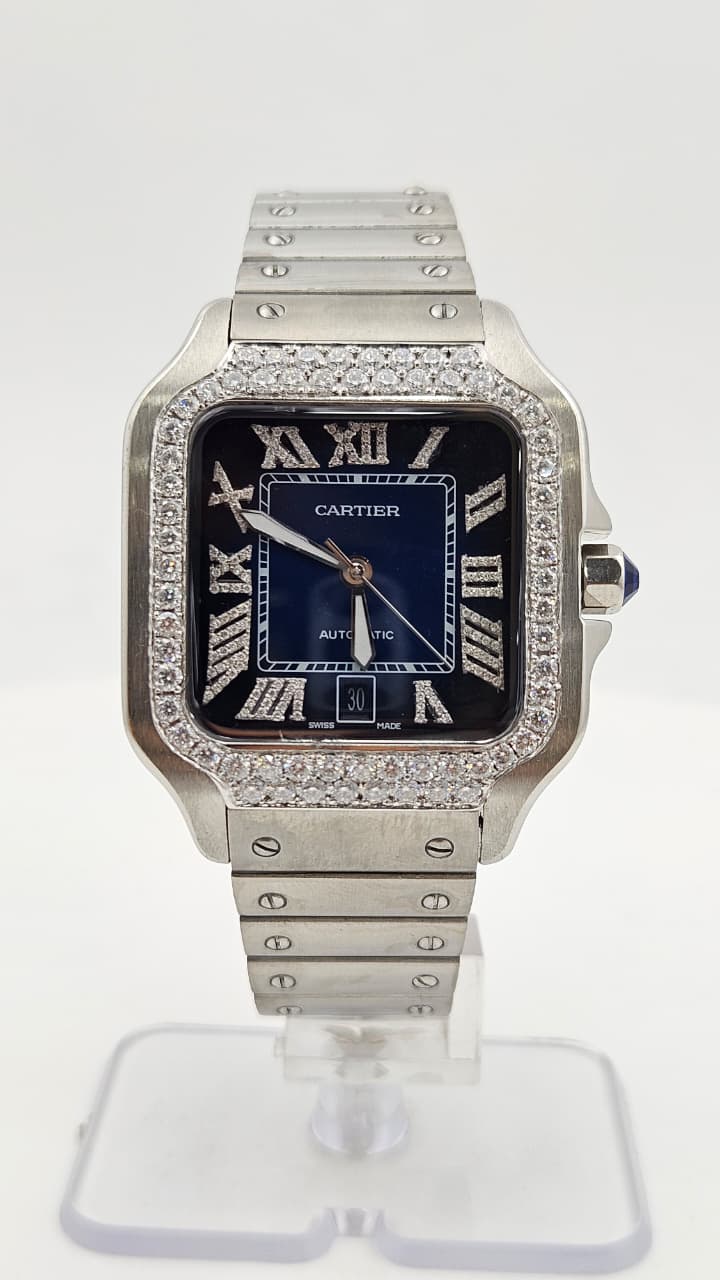 Cartier Santos Iced Bezel Silver Blue Dial Automatic