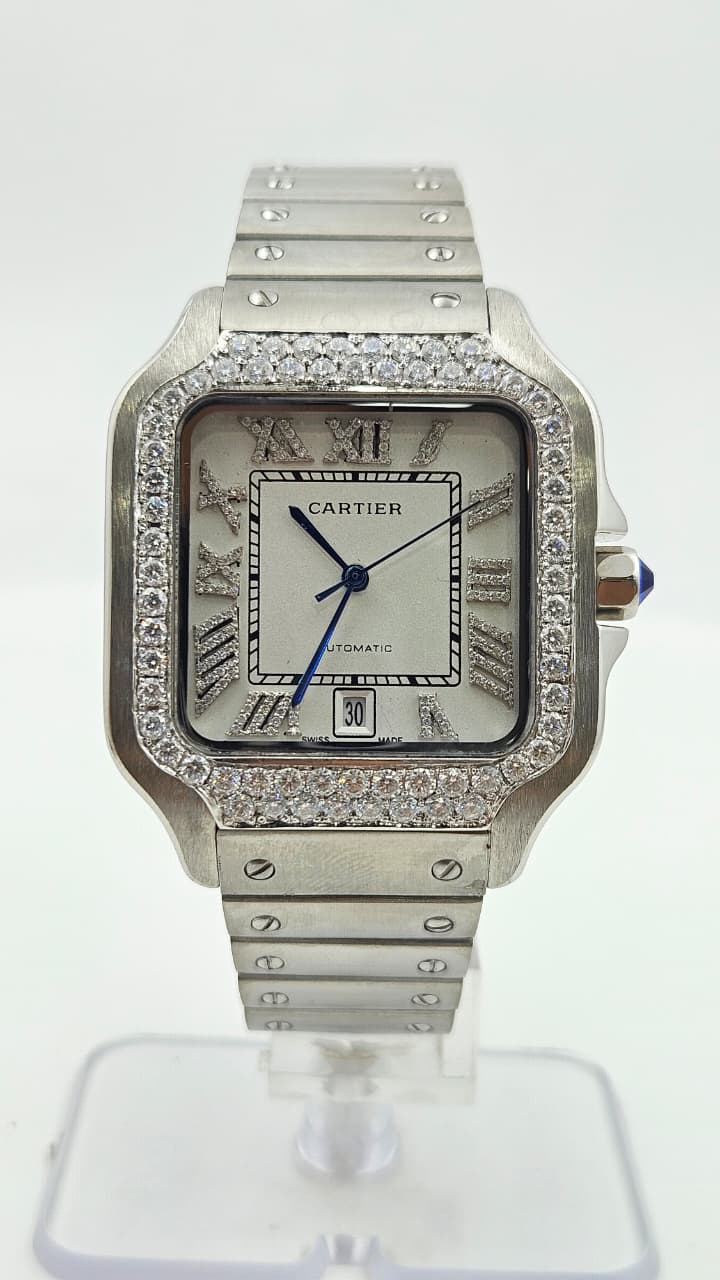 Cartier Santos Iced Bezel Silver White Dial Automatic