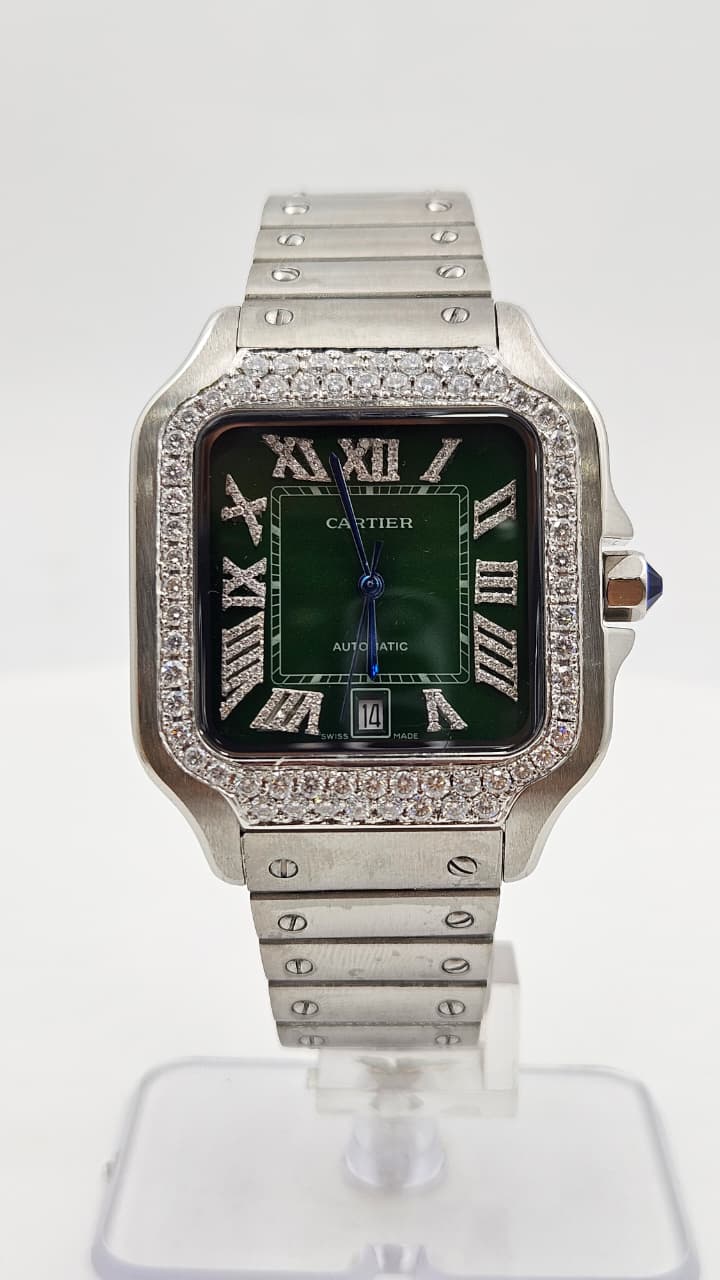 Cartier Santos Iced Bezel Silver Green Dial Automatic