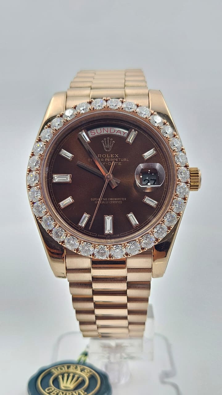 Rolex Day-Date Rose Gold Brown Dial Iced Bezel President Chain Automatic