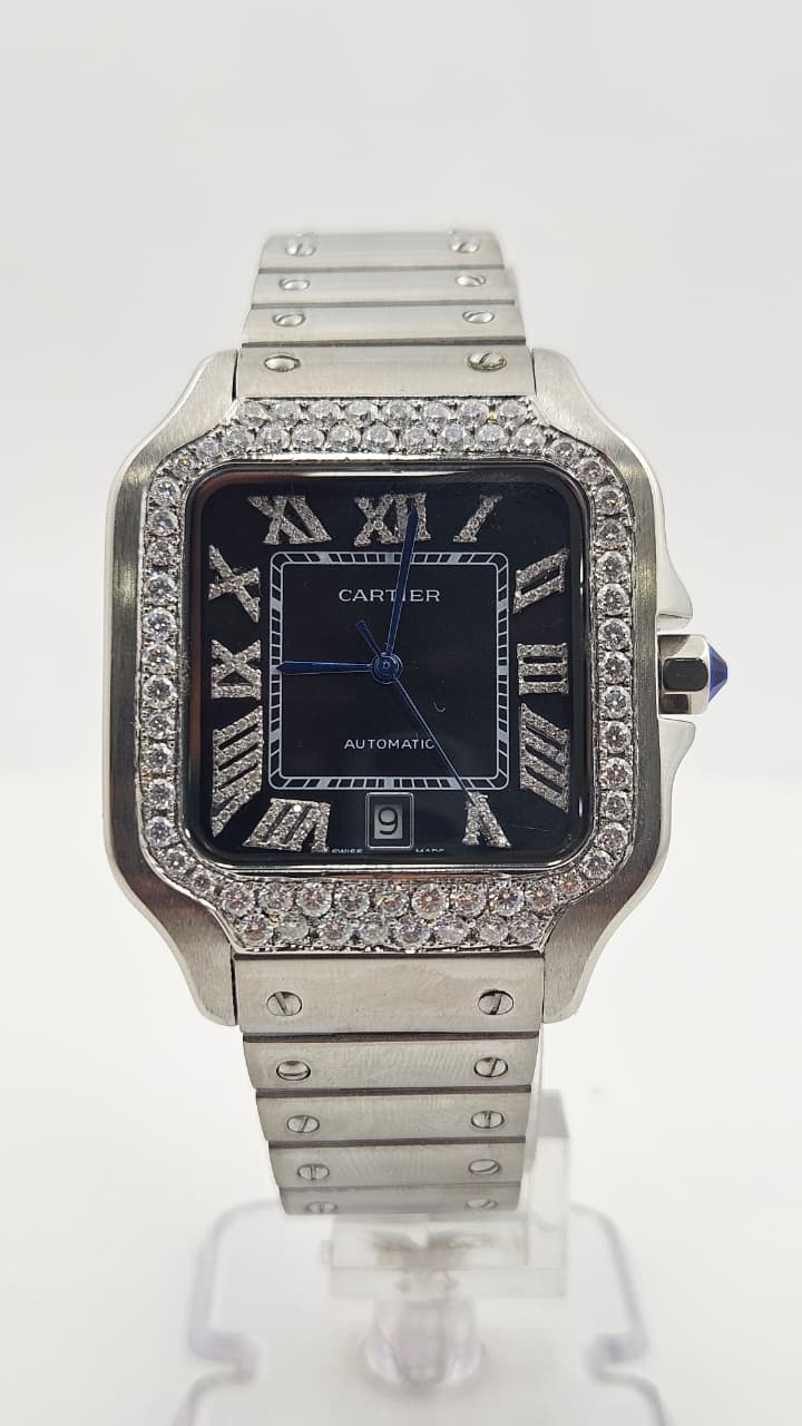 Cartier Santos Iced Bezel Silver Black Dial Automatic