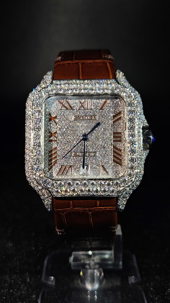 Cartier Brown Leather Band Full Iced Out White Roman Dial Automatic