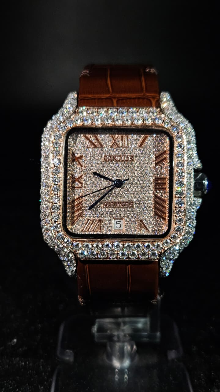 Cartier Brown Leather Band Full Iced Out Rose Gold & White Roman Dial Automatic