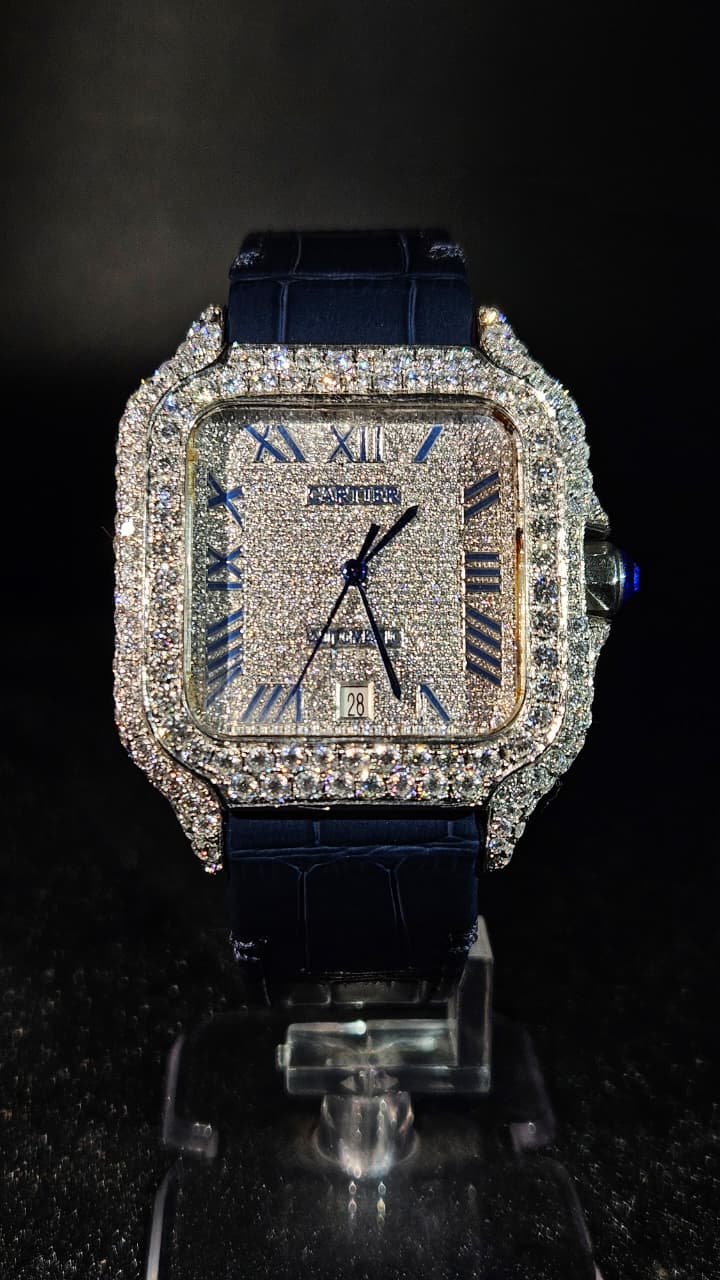Cartier Blue Leather Band Full Iced Out White Roman Dial Automatic