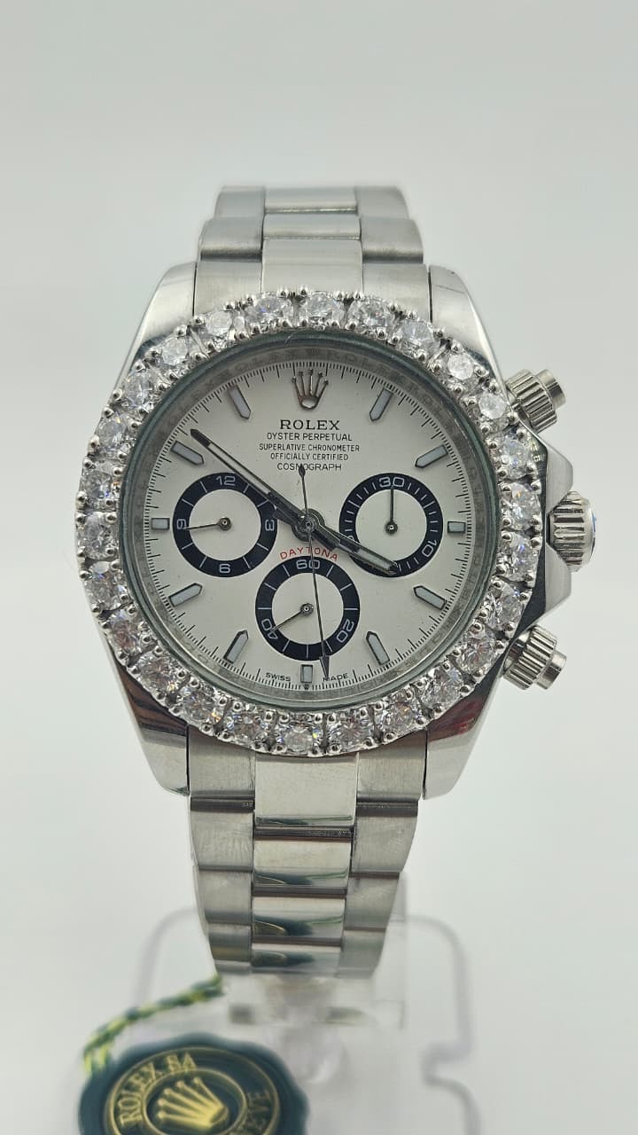 Rolex Daytona Cosmograph Iced Bezel Silver White Dial Oysyter Chain Automatic