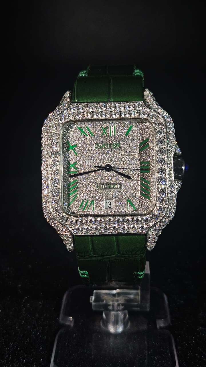 Cartier Green Leather Band Full Iced Out White Roman Dial Automatic