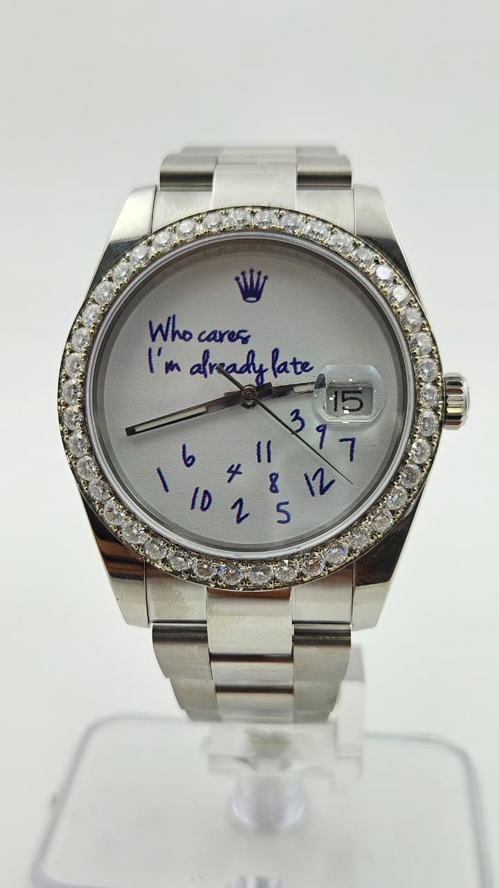 Custom Rolex Datejust Iced Bezel Silver White Dial Oyster Chain Automatic