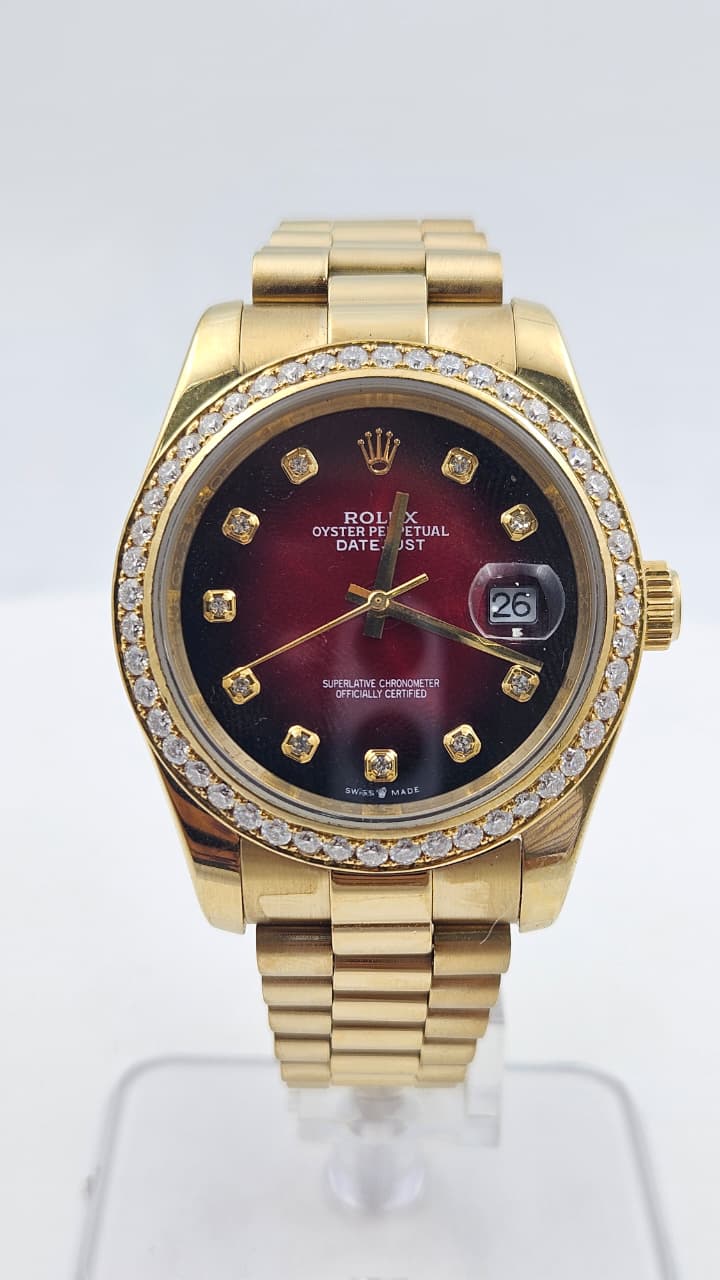 Rolex Datejust Iced Bezel Rose Gold Red Dial Oyster Chain Automatic