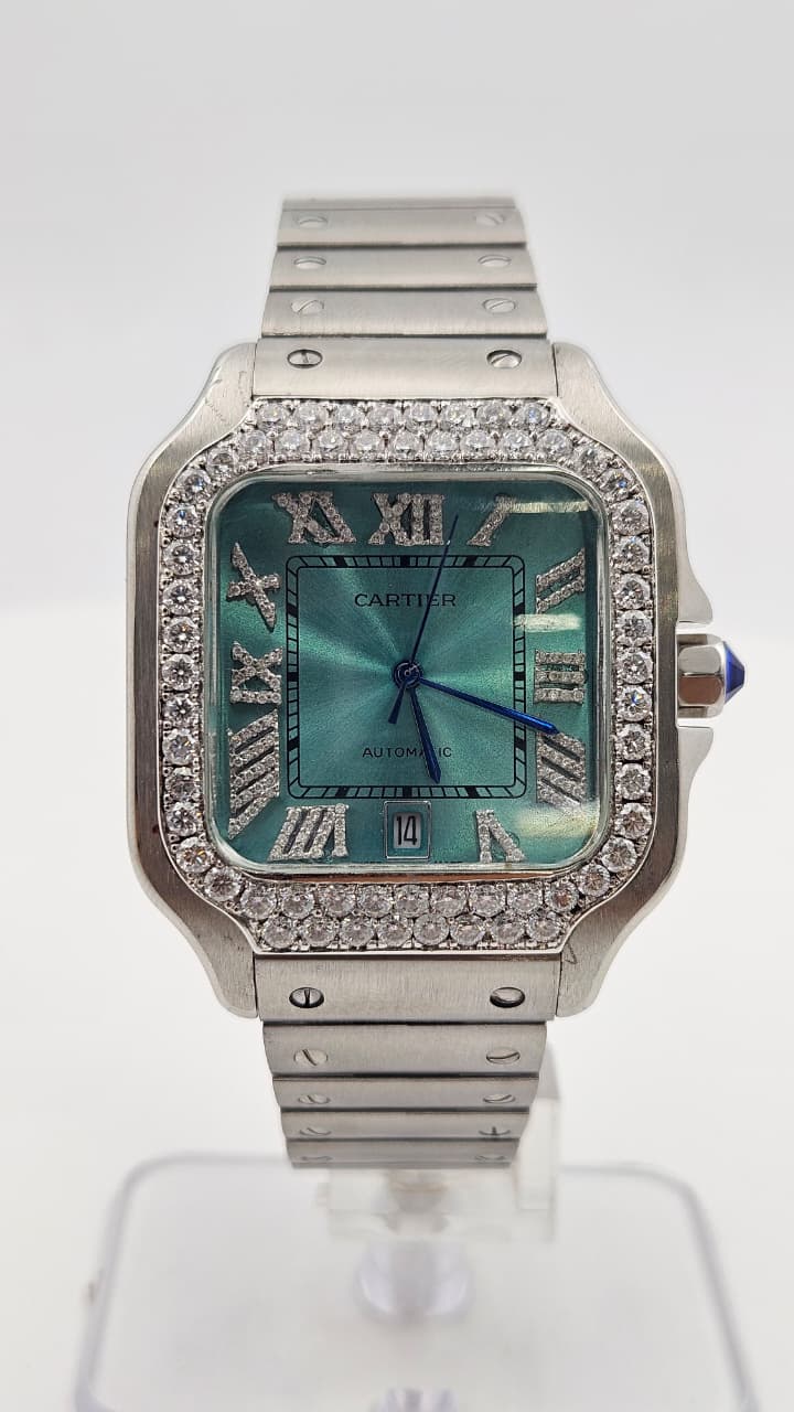 Cartier Santos Iced Bezel Silver Greenish Blue Dial Automatic