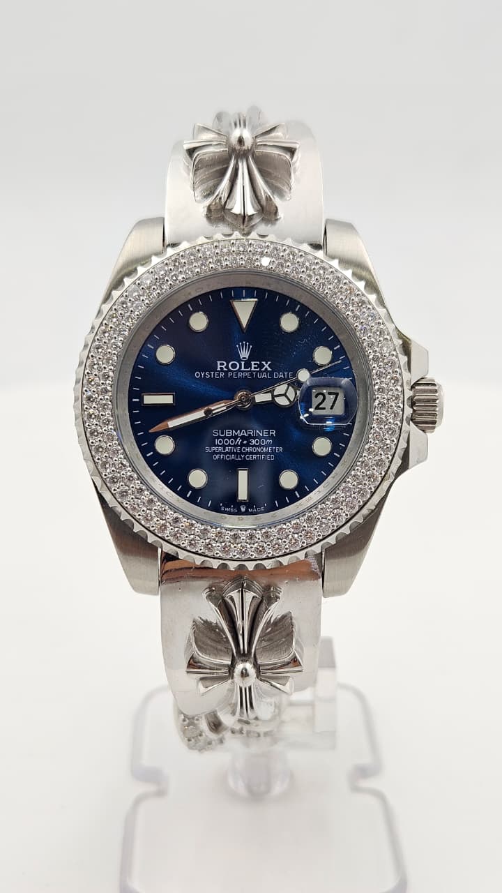 Custom Rolex Iced Bezel Submariner Chrome Hearts Silver Blue Dial Automatic
