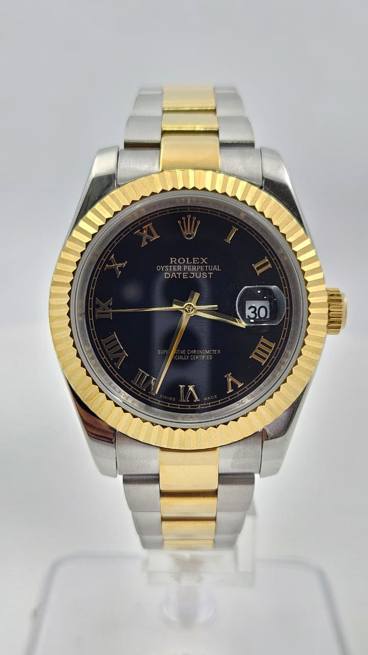 Rolex Datejust Silver & Yellow Gold Black Dial Oyster Chain Automatic