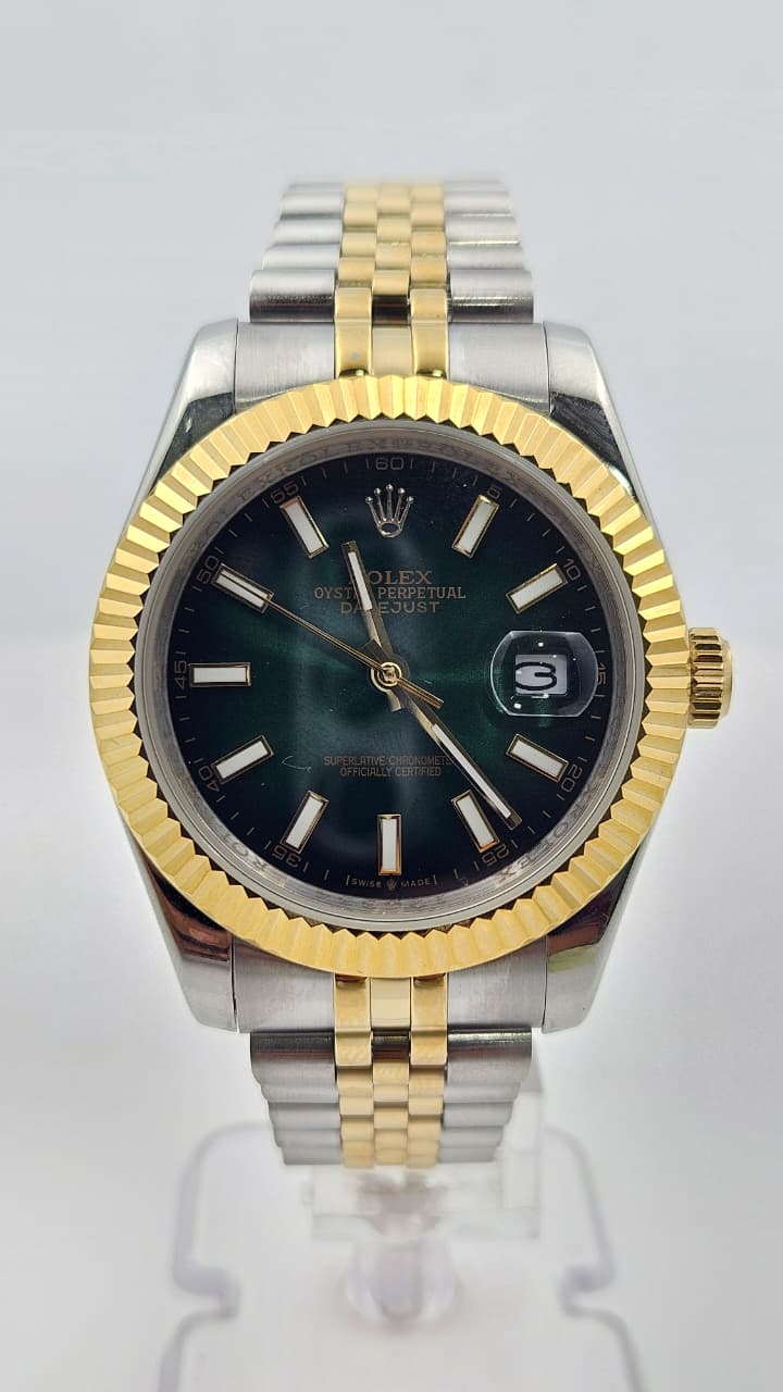 Rolex Datejust Silver & Yellow Gold Green Dial Jubilee Chain Automatic