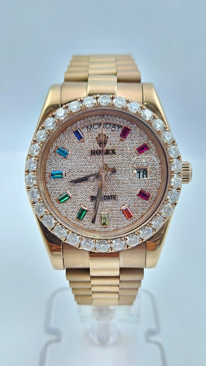 Rolex Day-Date Iced Bezel Rose Gold Iced Buguette Dial President Chain Automatic
