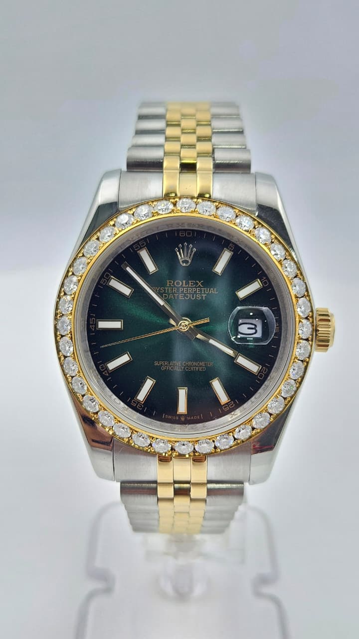 Rolex Datejust Iced Bezel Silver & Yellow Gold Green Dial Jubilee Chain Automatic