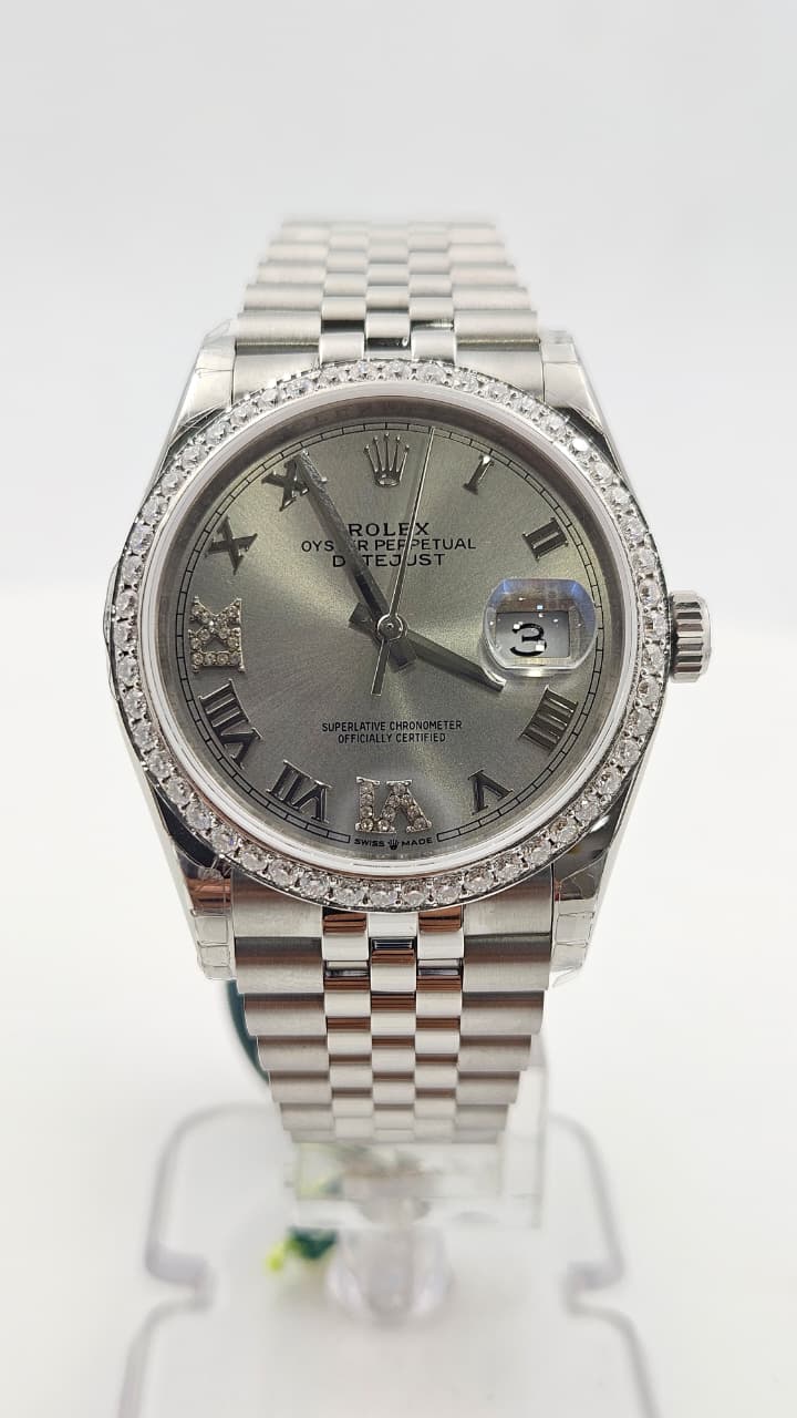 Rolex Datejust Iced Bezel Silver Grey Dial Jubilee Chain Automatic