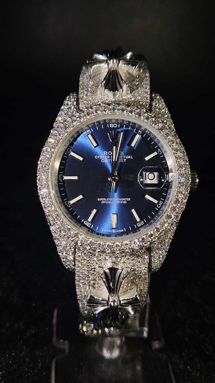 Custom Rolex Full White Chrome Hearts Silver Blue Dial Automatic