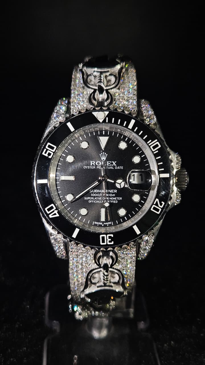 Custom Rolex Submariner Full White Chrome Hearts Silver Black Dial Automatic