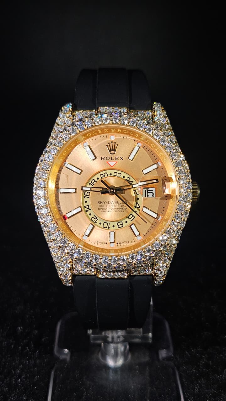 Rolex Sky-Dweller Iced Out Black Rubber Band Yellow Gold Yellow Dial Automatic