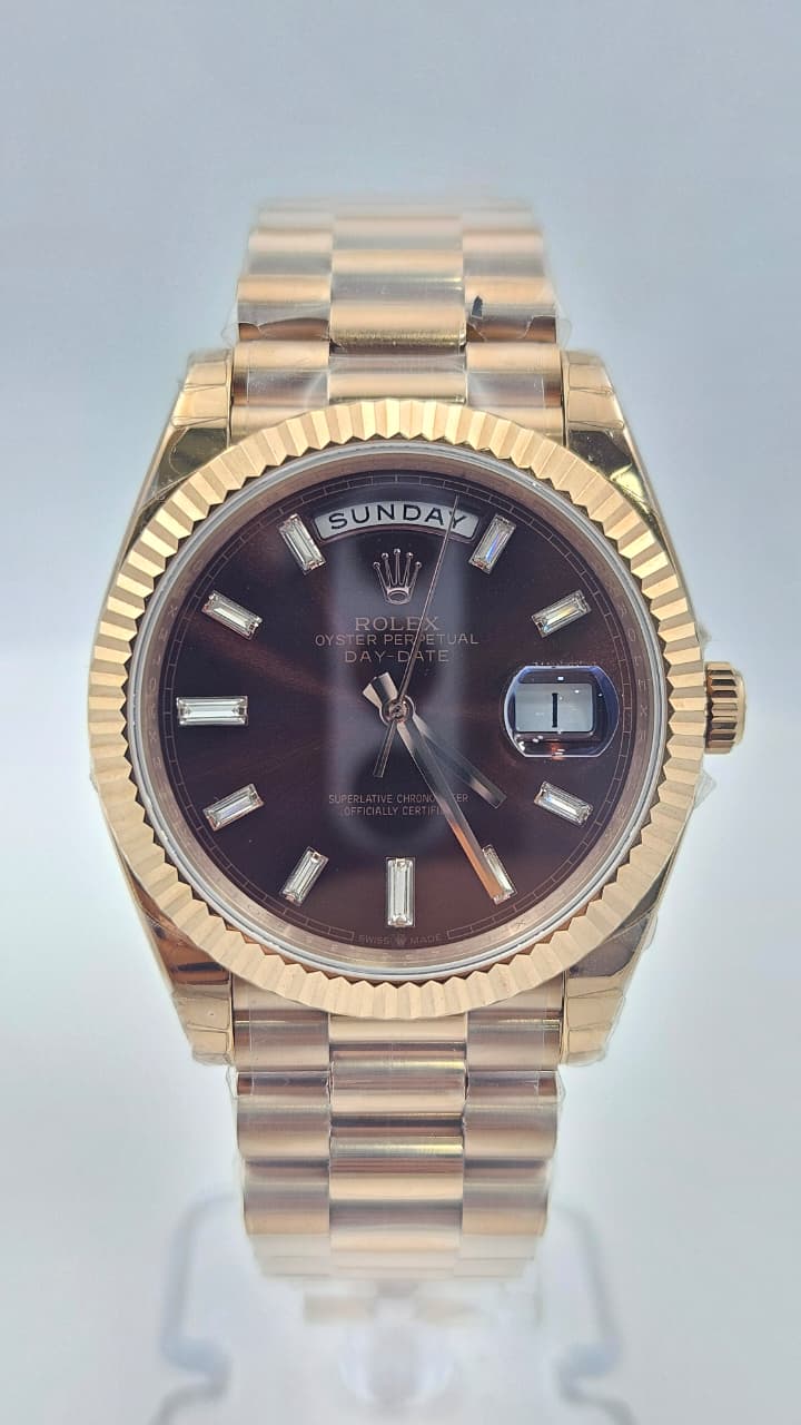 Rolex Day-Date Iced Bezel Rose Gold Brown Dial President Chain Automatic