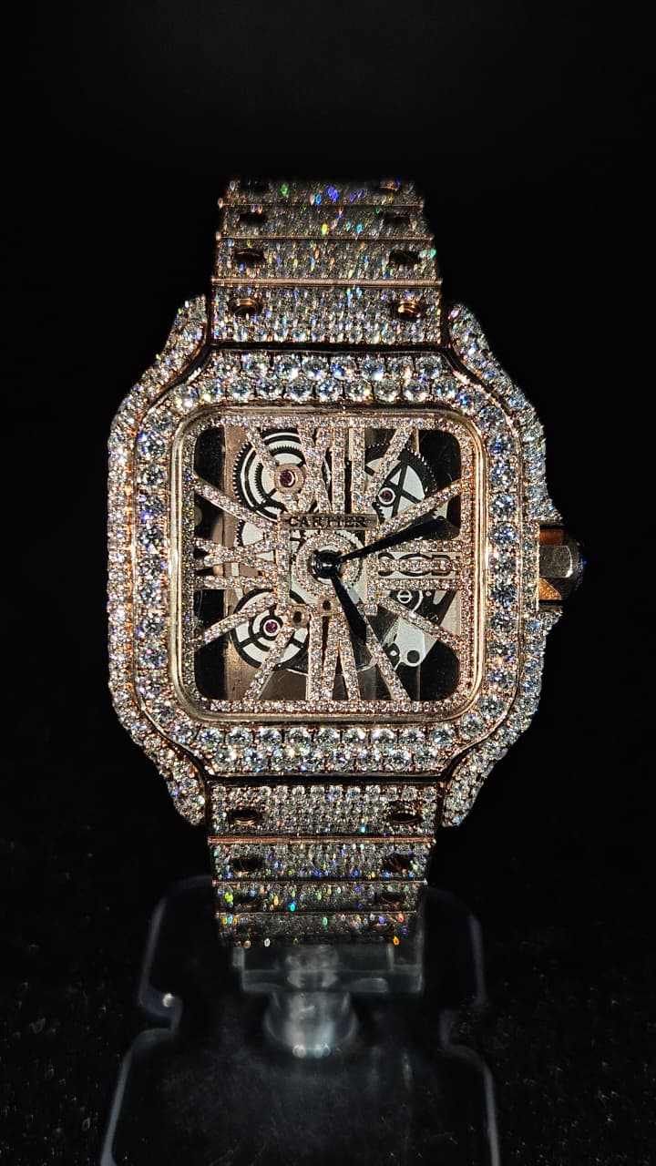 Cartier Full Iced Out Rose Gold Skeleton Dial Automatic