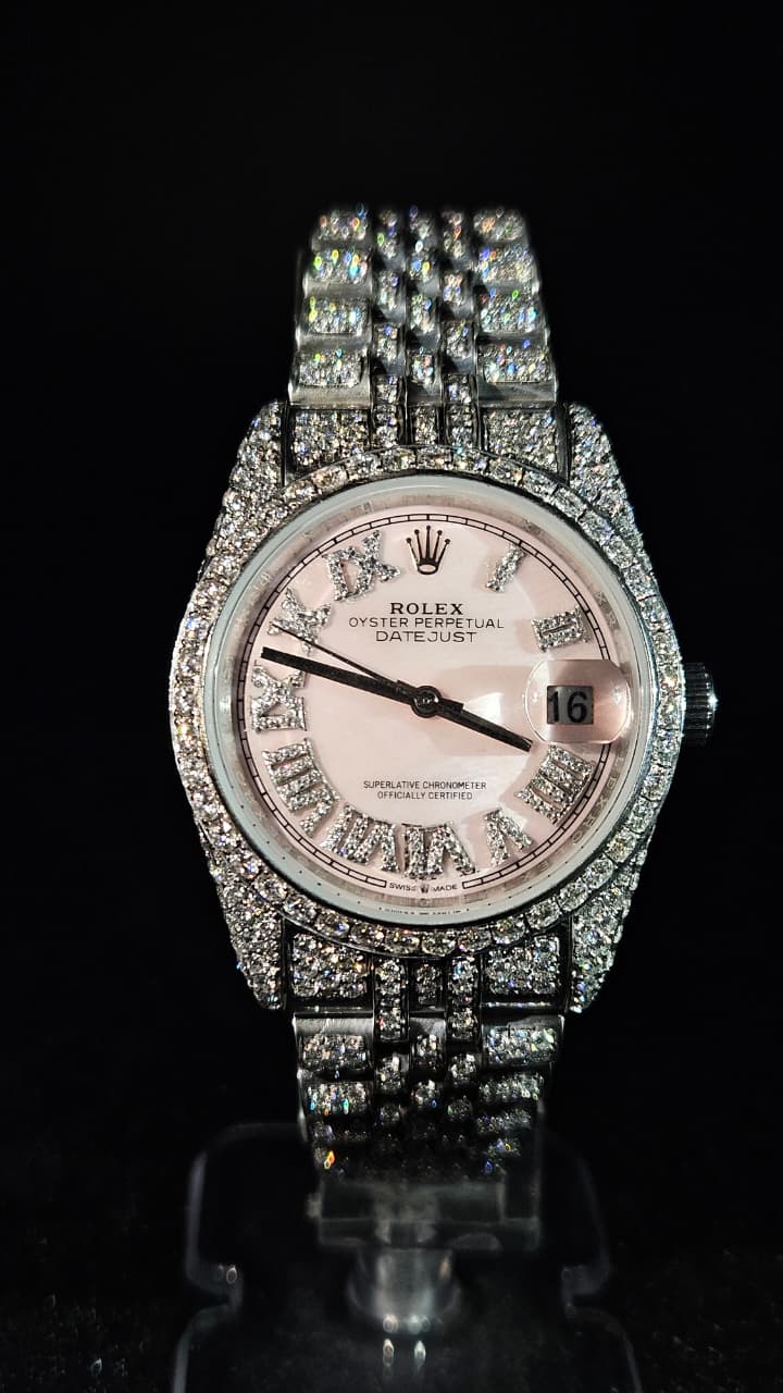 Rolex Datejust Full Iced Out White Pink Dial Jubilee Automatic