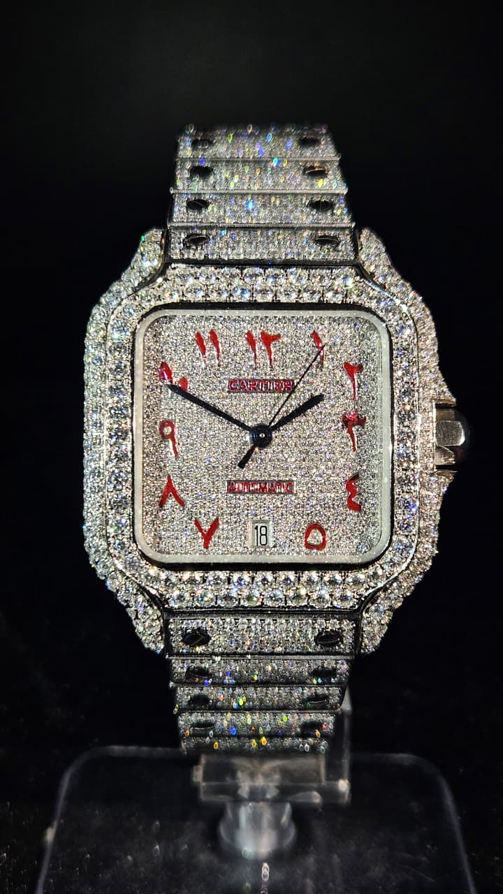 Cartier Full Iced Out Full White Aarbic Red Dial Automatic