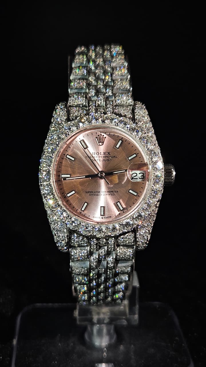 Rolex Datejust Full Iced Out White Pink Dial Jubilee Automatic