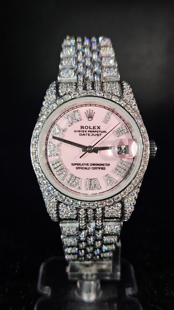 Rolex Datejust Full Iced Out White Pink Dial Jubilee Automatic