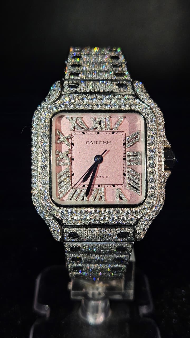 Cartier Full Iced Out Full White Pink Dial Automatic