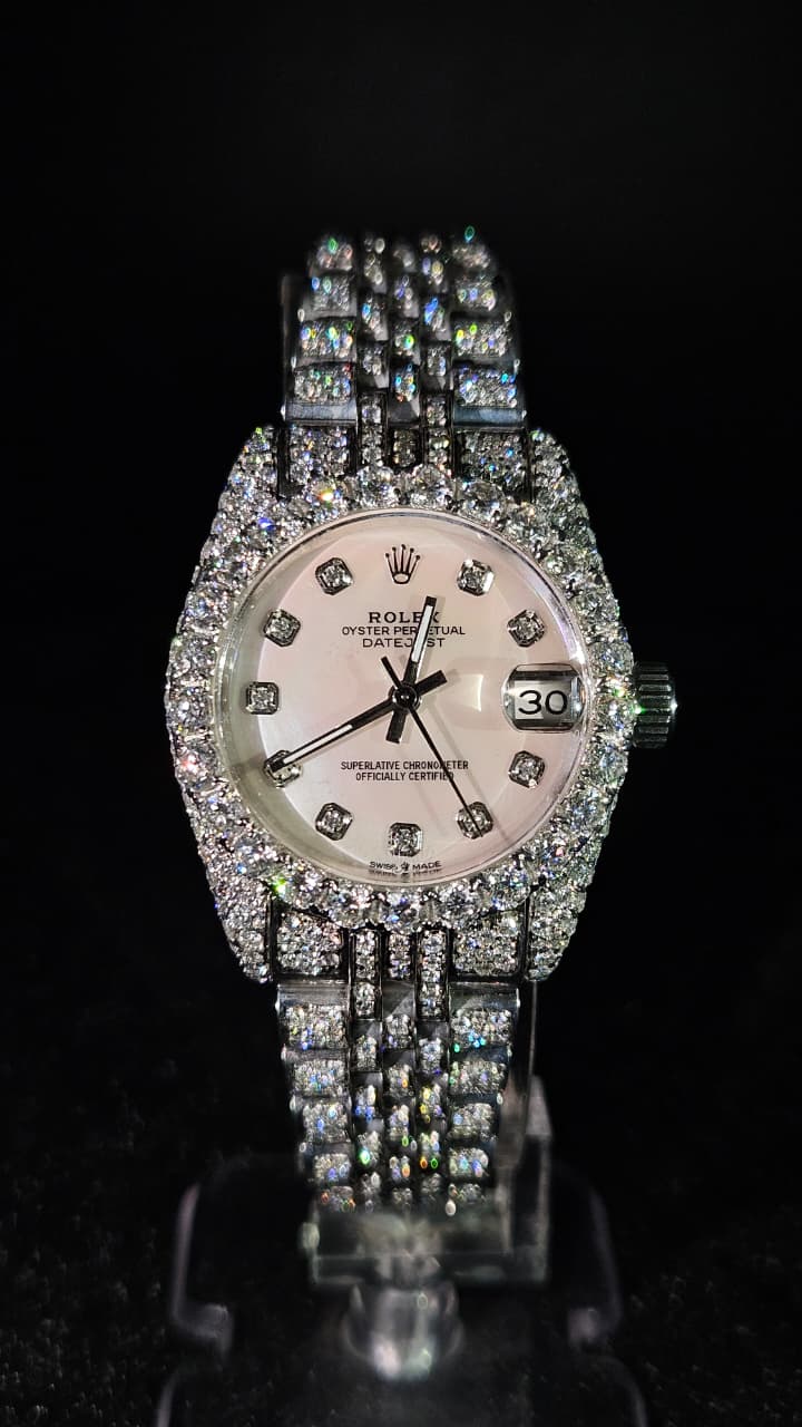 Rolex Datejust Full Iced Out White Pink Dial Jubilee Automatic